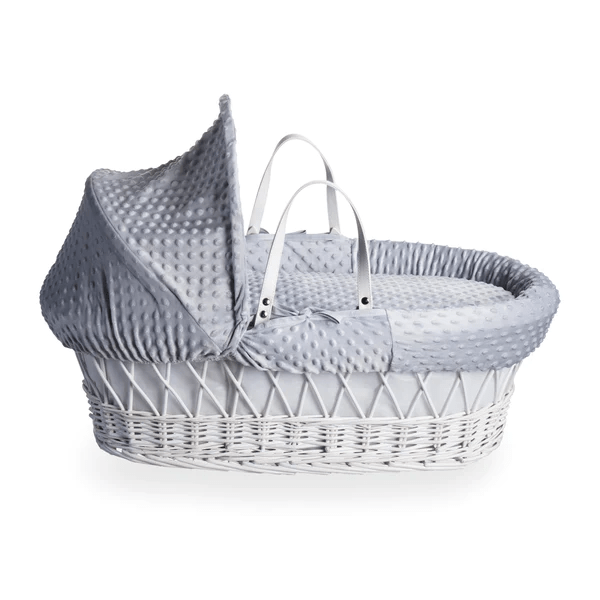 Baby Wicker Moses Basket in White Wicker and Grey Dimple bedding By Clair De Lune  Clair De Lune   