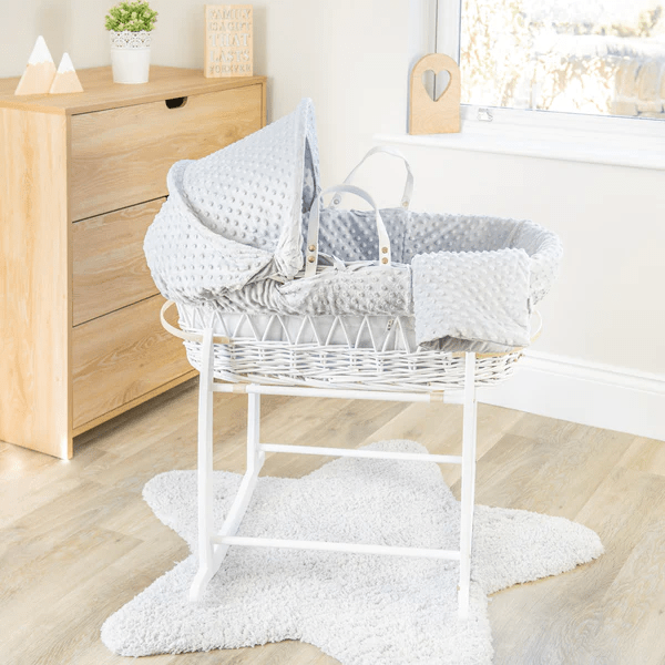 Baby Wicker Moses Basket in White Wicker and Grey Dimple bedding By Clair De Lune  Clair De Lune   