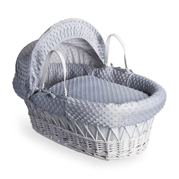 Baby Wicker Moses Basket in White Wicker and Grey Dimple bedding By Clair De Lune  Clair De Lune   