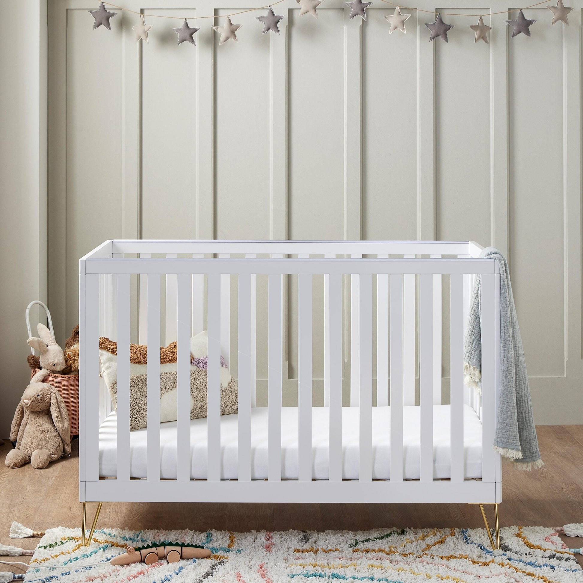 Babymore Kimi White Cot bed - Gold Hair Pin Legs  Babymore   