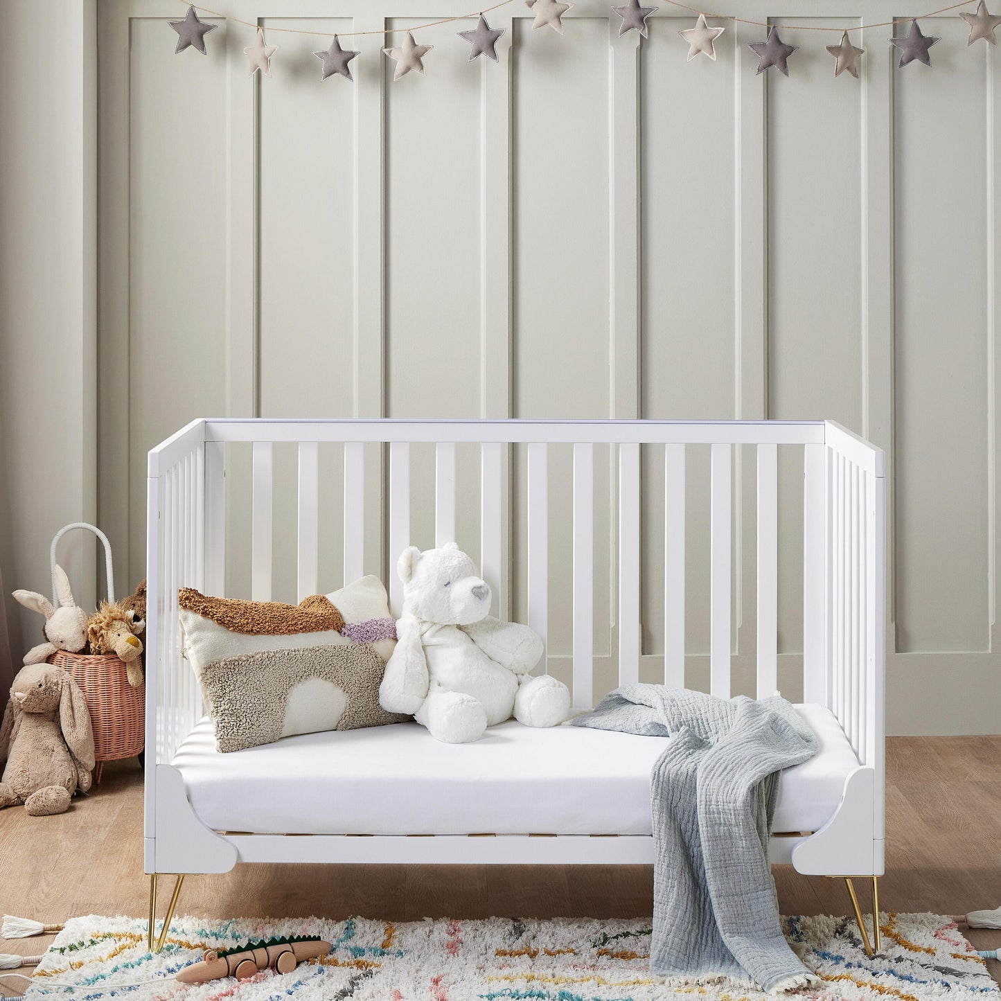 Babymore Kimi White Cot bed - Gold Hair Pin Legs  Babymore   