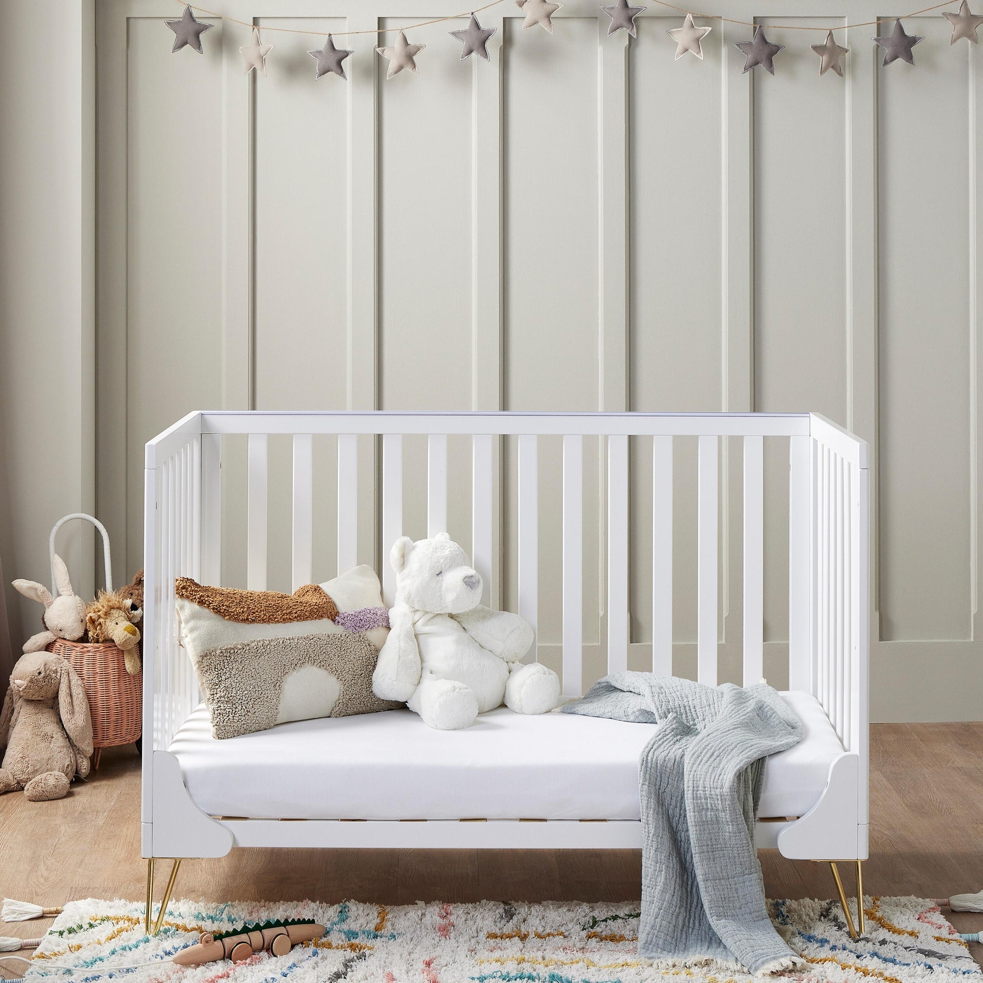 Babymore Kimi White Cot bed - Gold Hair Pin Legs  Babymore   