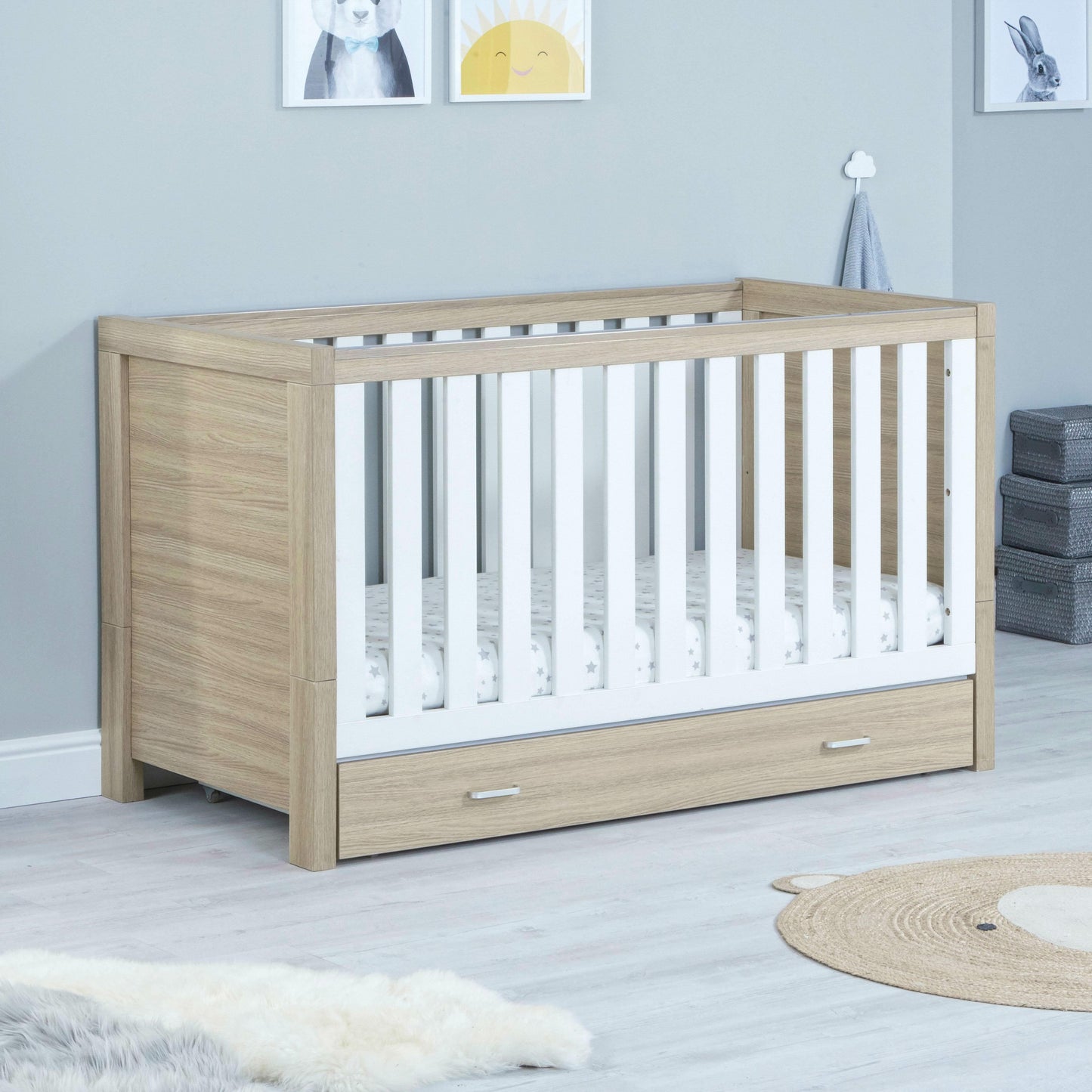 Babymore Luno 2 Piece Nursery Room Set with Underbed Drawer - Oak White  Babymore   