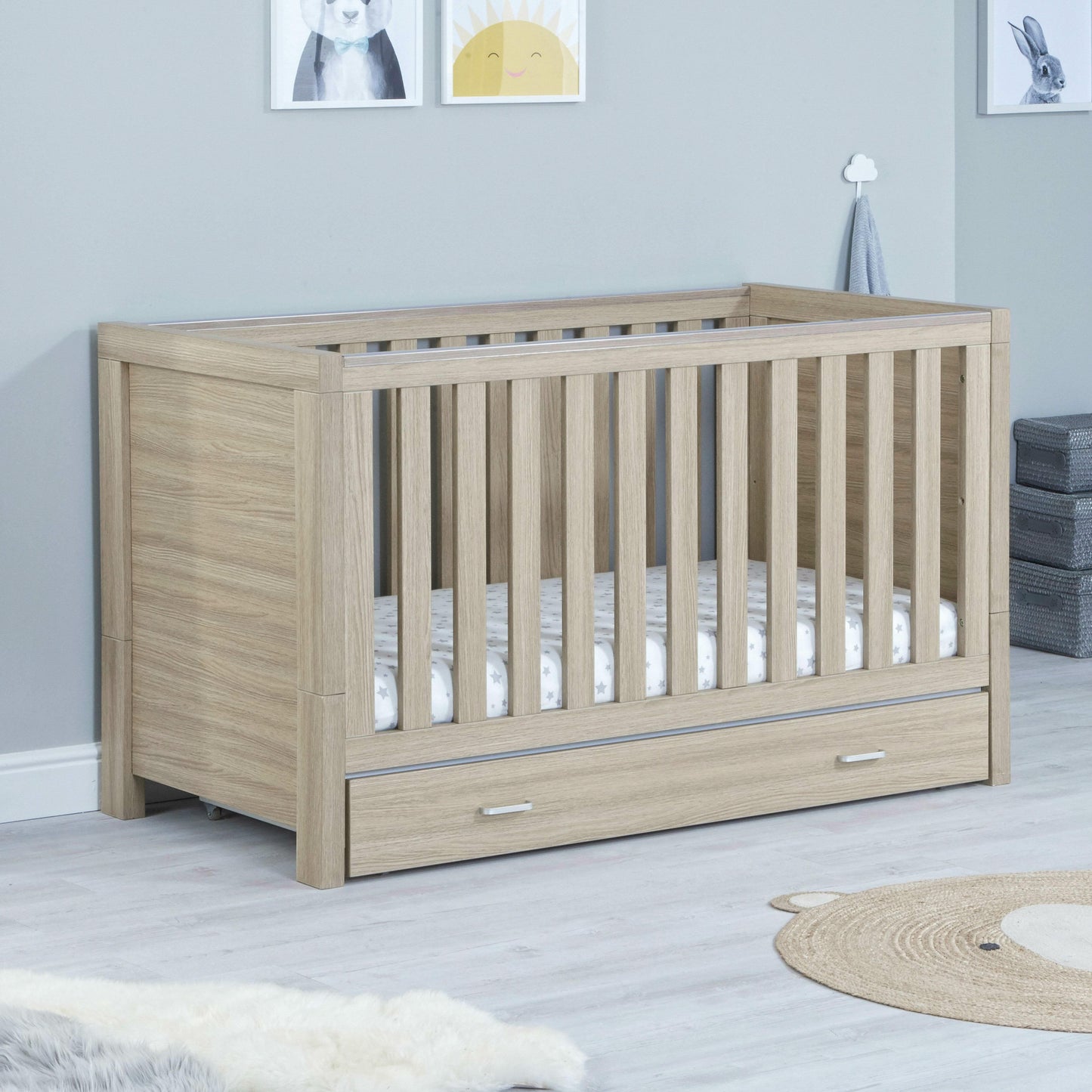 Babymore Luno Oak Cot Bed with Drawer  Babymore   