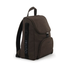 Brown oyster brand backpack with black accents and textured fabric finish in oyster 4 chocolate velvet luxury travel system