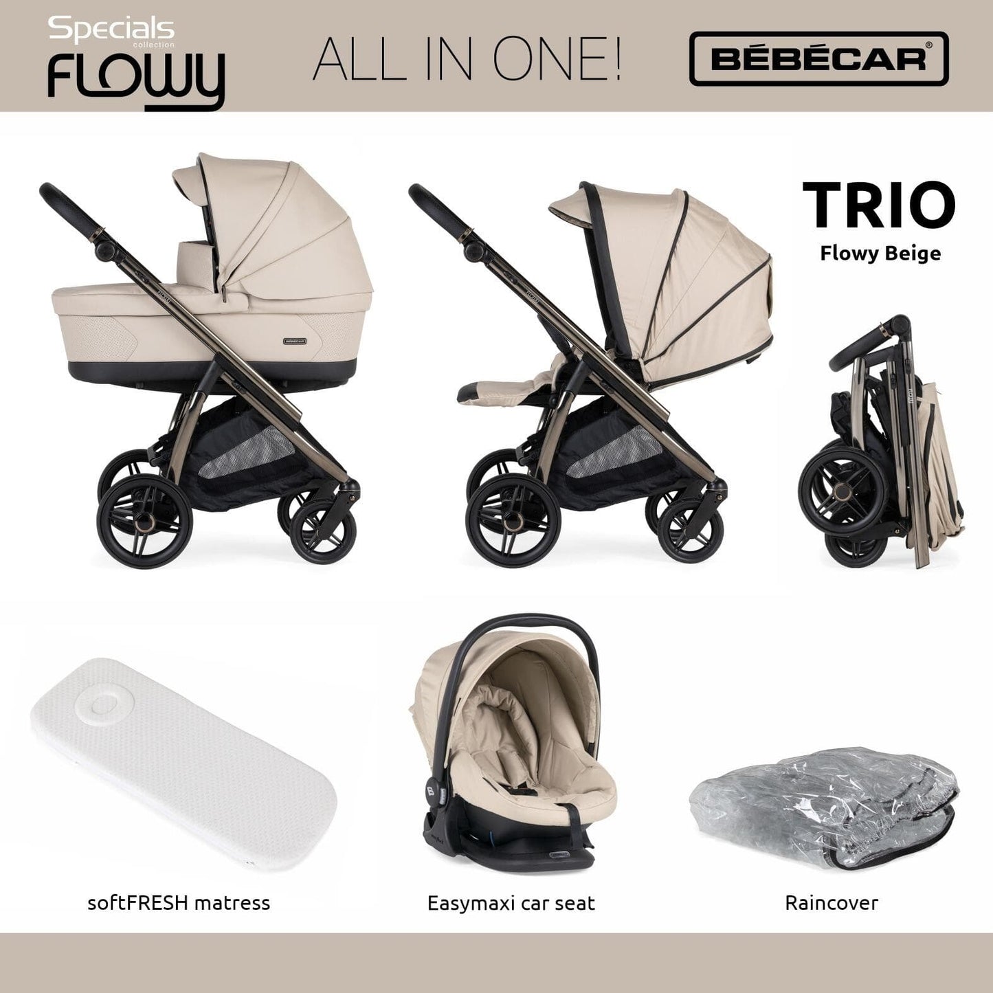 Bebecar Flowy 3 in 1 Travel System - Beige  Bebecar   