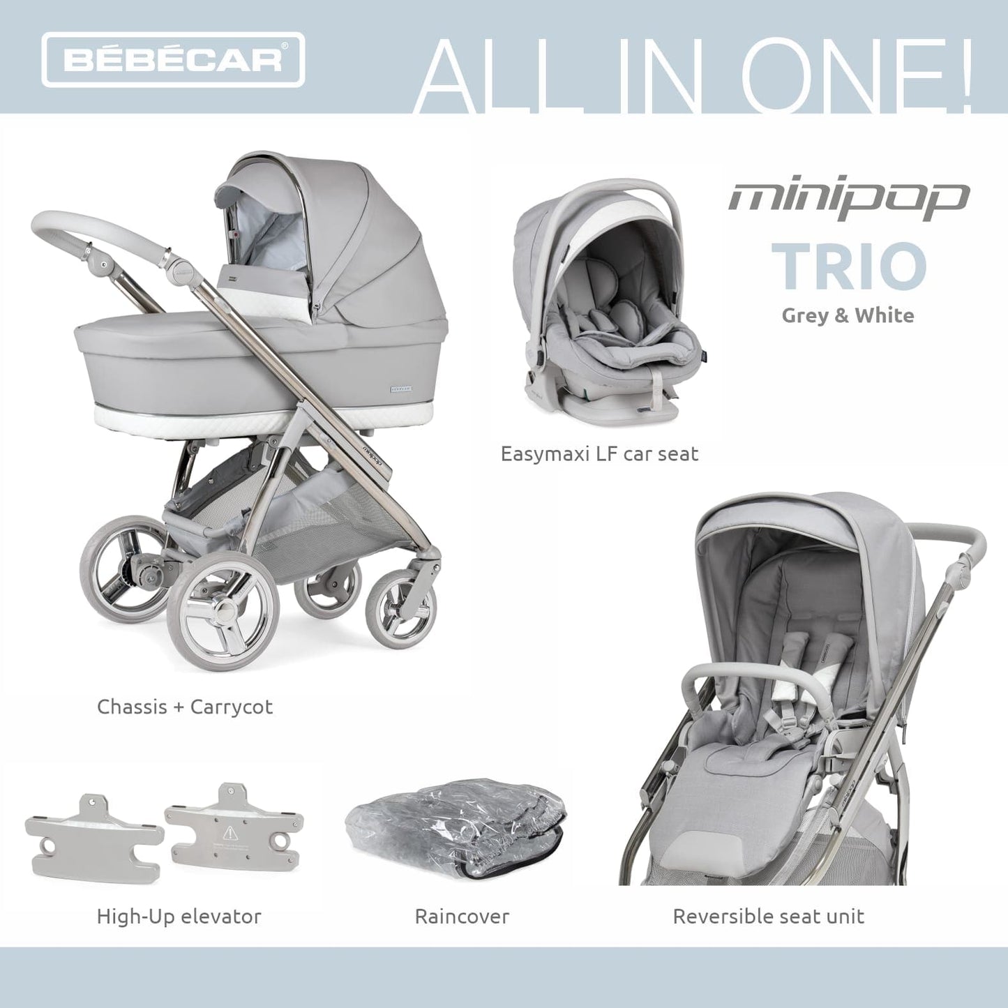 Bebecar Mini Pop 3 in 1 Travel System - Silver Grey Bebecar