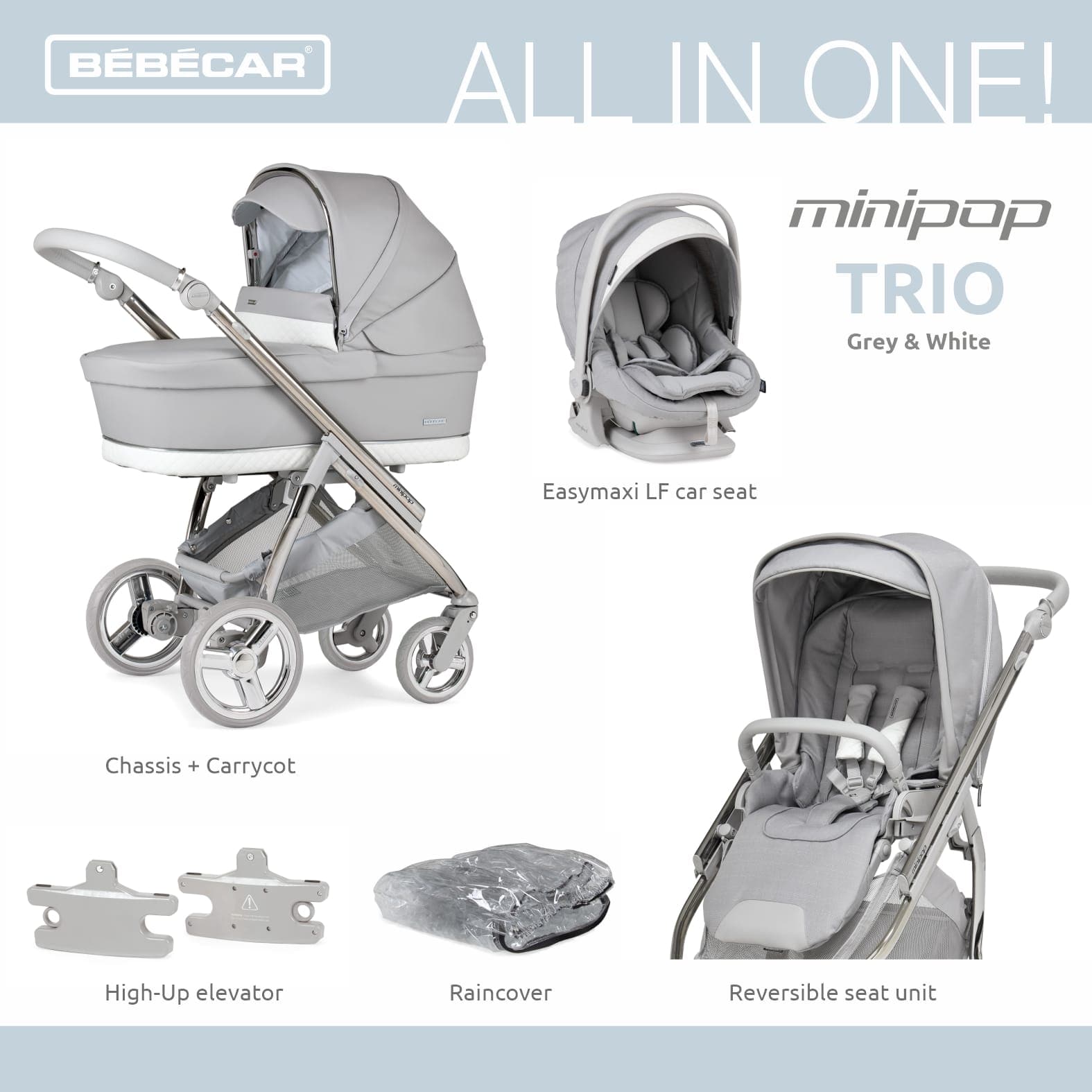 Bebecar Mini Pop 3 in 1 Travel System - Silver Grey Bebecar