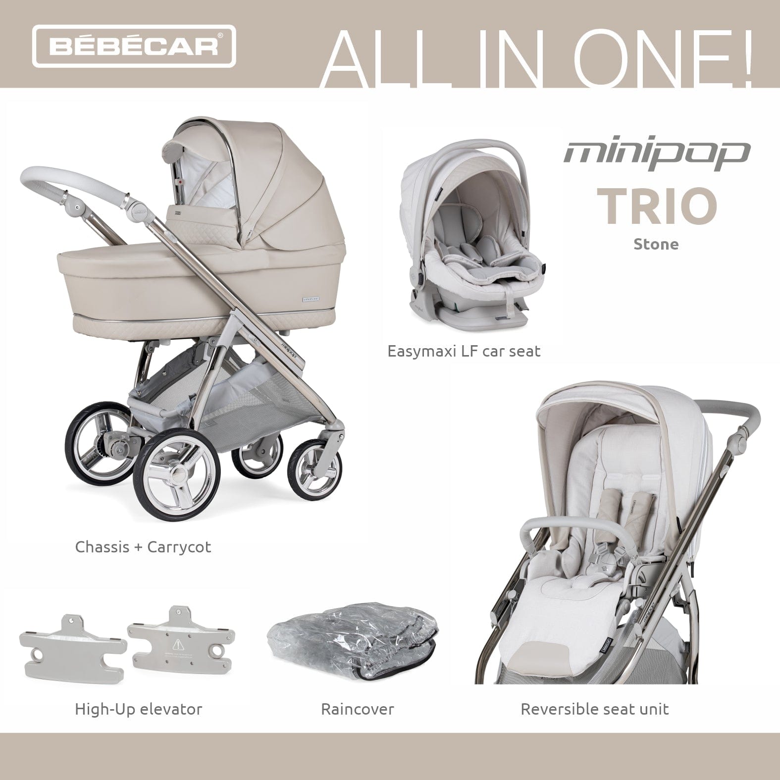 Bebecar Mini Pop 3 in 1 Travel System - Stone Bebecar
