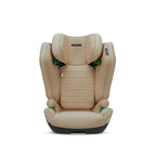 Recaro AXION 1 in Elegant Beige, front view with padded side wings and green belt guides.