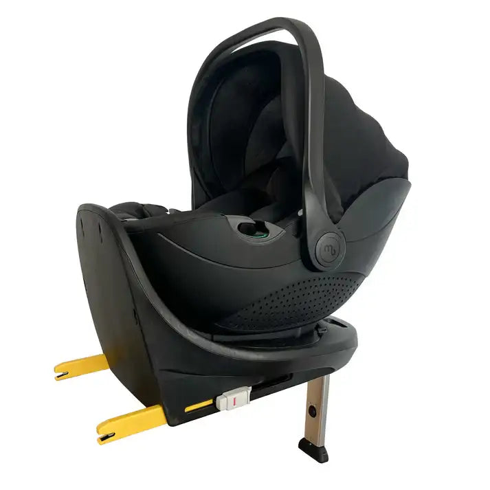 Black infant car seat with a sleek, modern design and yellow base legs.
