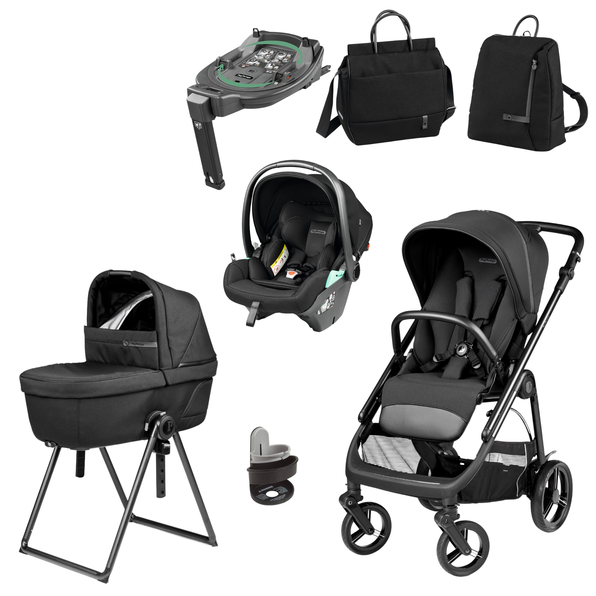 Black convertible stroller with sleek frame and gray accents in peg perego veloce deluxe travel system i-size bundle