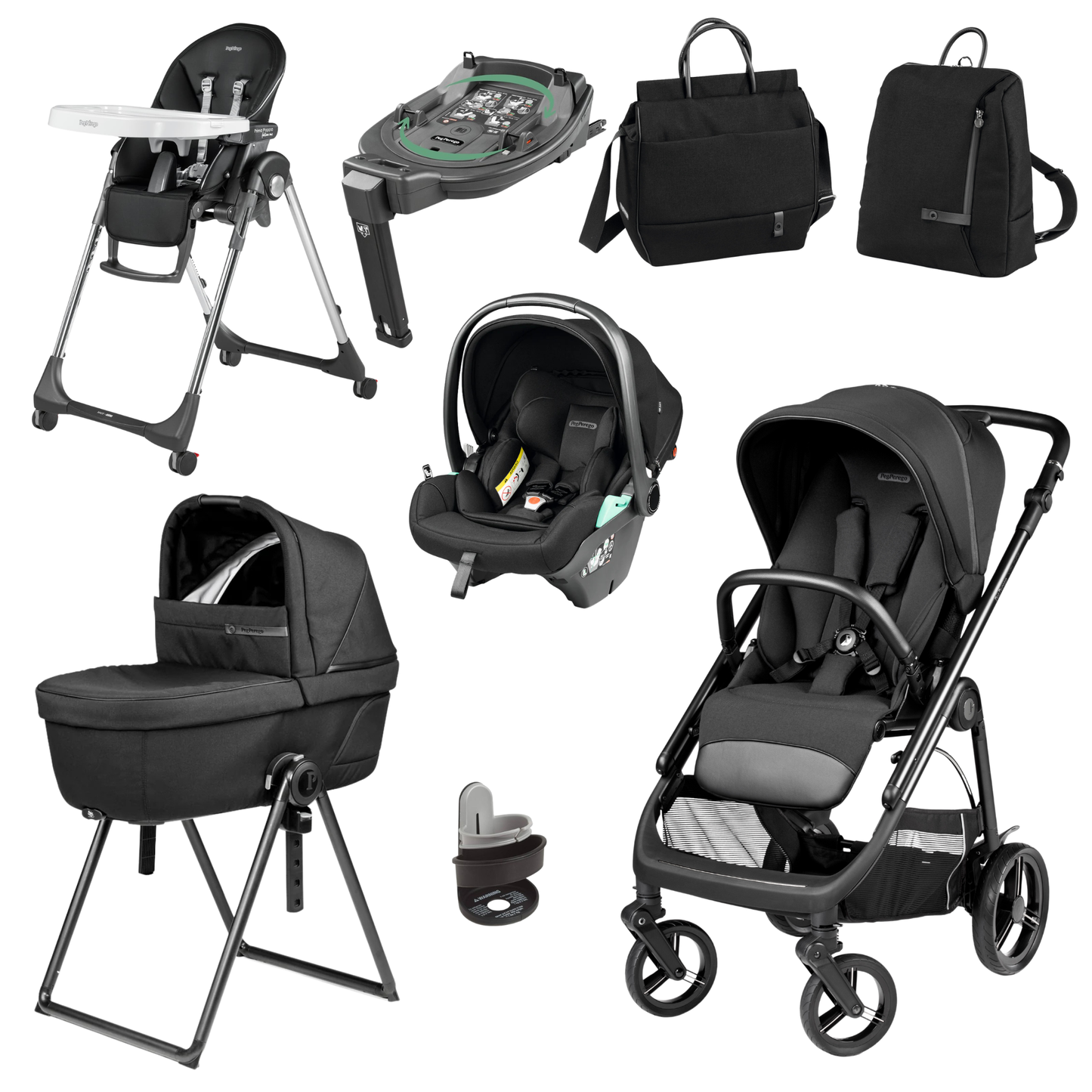 Black peg perego veloce elite travel system stroller with sleek metallic frame and four wheels in true black