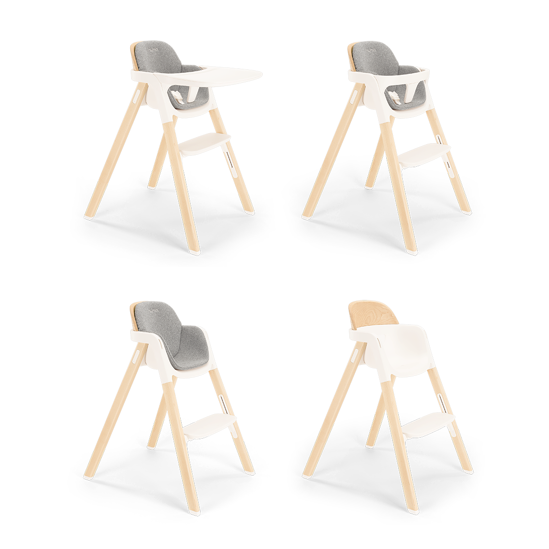 Nuna BRYN Highchair heritage modern wooden high chair with white plastic frame and gray upholstered seat
