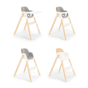Nuna BRYN Highchair heritage modern wooden high chair with white plastic frame and gray upholstered seat