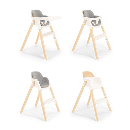 Nuna BRYN Highchair heritage modern wooden high chair with white plastic frame and gray upholstered seat