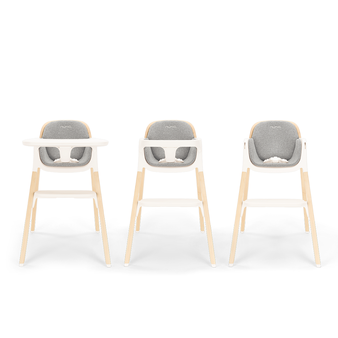 Three modern Nuna BRYN highchairs with light wood legs white plastic frames and gray upholstered seats in heritage style