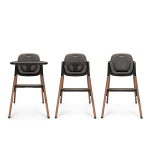 Three nuna bryn highchairs with dark gray upholstered seats and wooden legs for comfortable baby seating