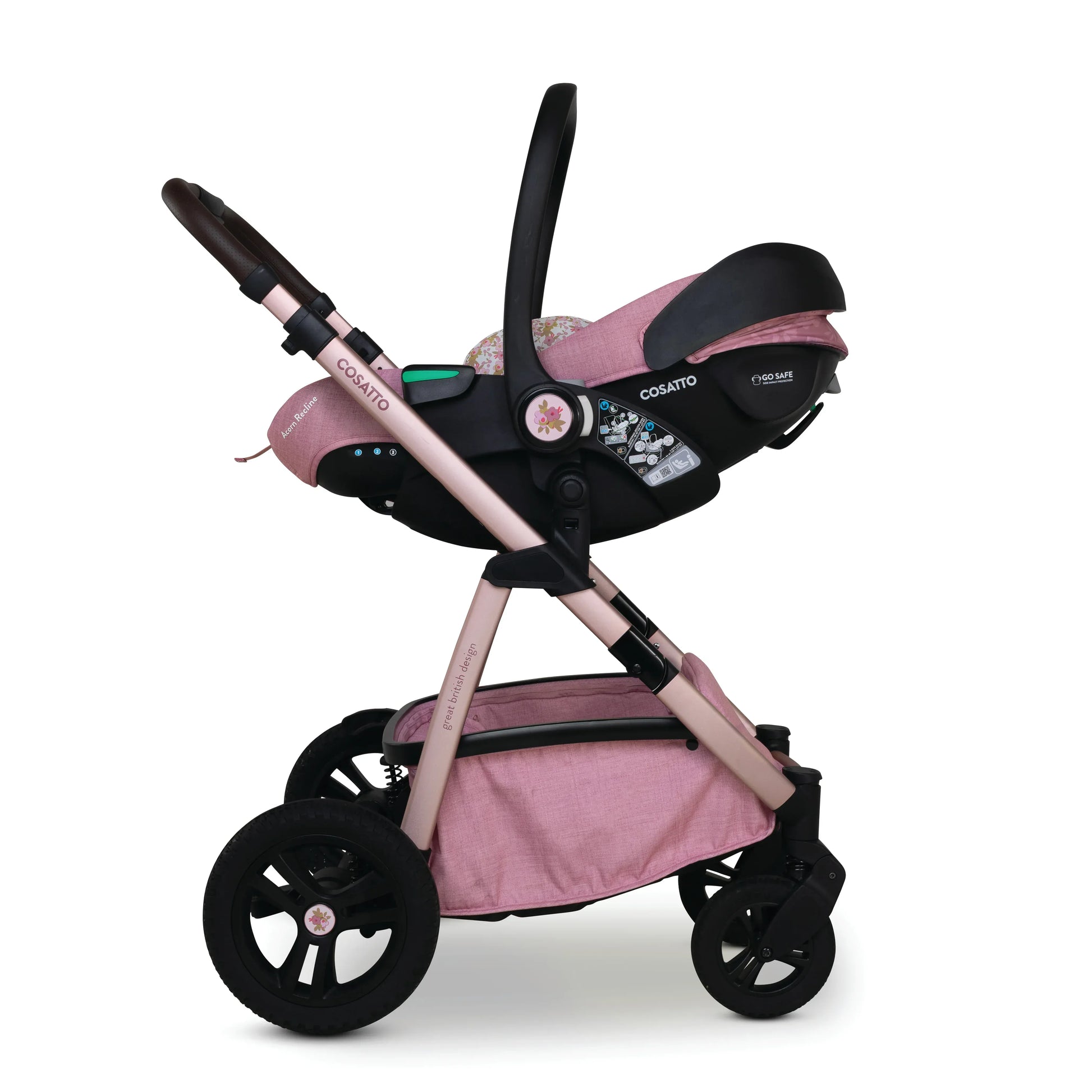 Cosatto Wow 3 Rotate & Recline Cozy Bundle Camille – Travel System with Carrycot, Acorn Recline i-Size Car Seat & Rotating Base Cosatto