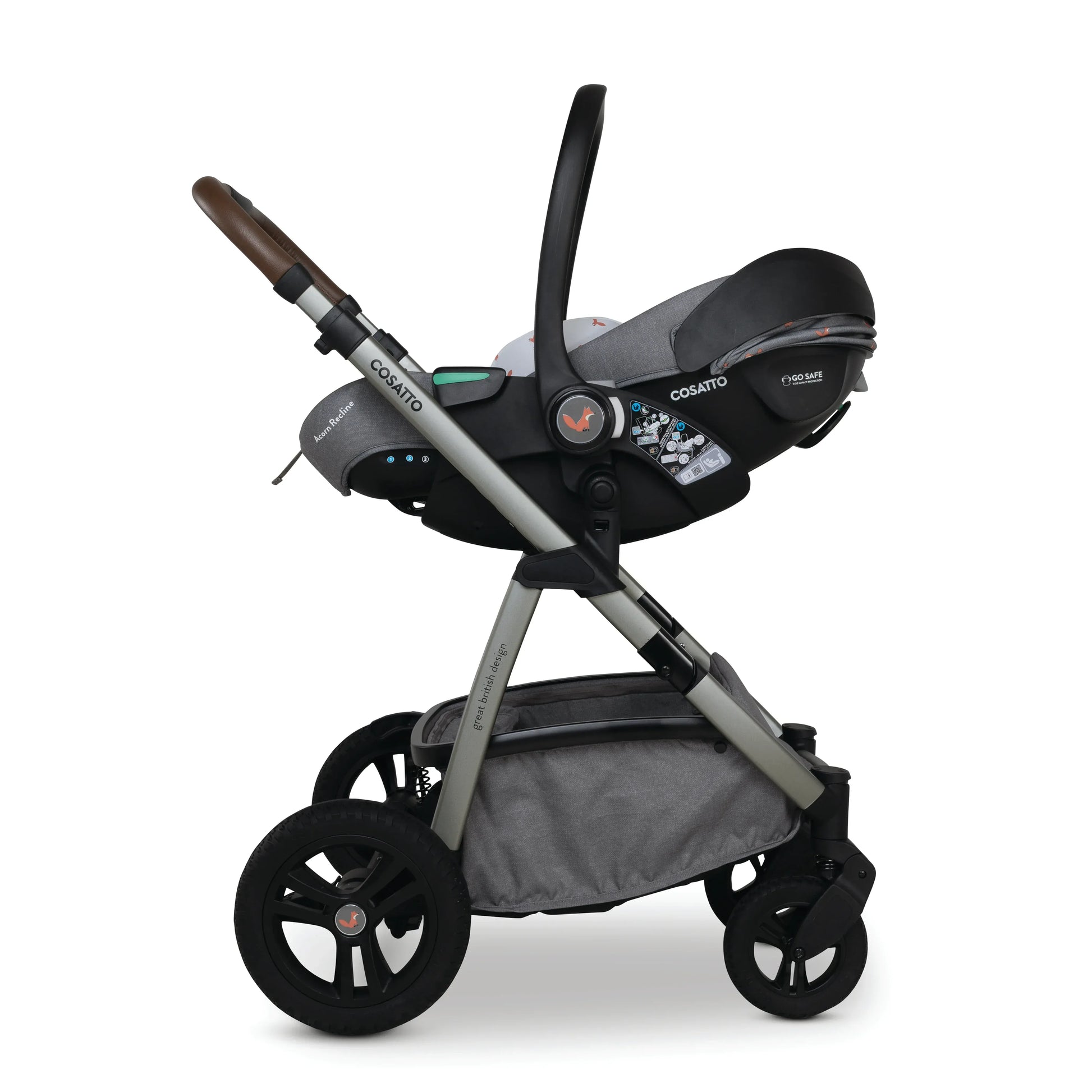 Cosatto Wow 3 Rotate & Recline Cozy Bundle Foxling – Travel System with Carrycot, Acorn Recline i-Size Car Seat & Rotating Base Cosatto