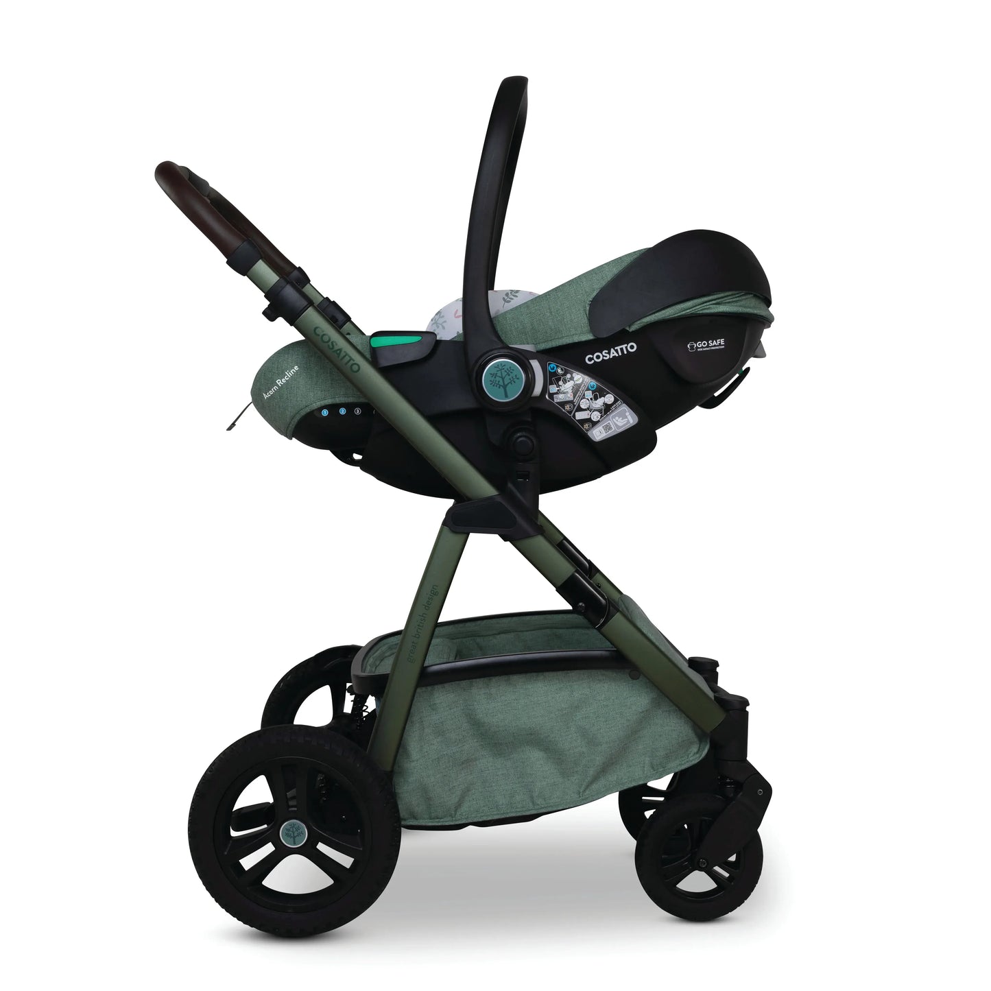 Cosatto Wow 3 Rotate & Recline Cozy Bundle Meadow – Travel System with Carrycot, Acorn Recline i-Size Car Seat & Rotating Base Cosatto