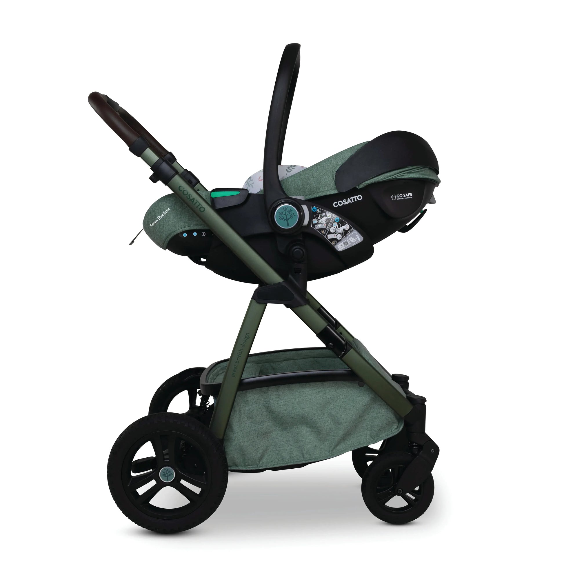 Cosatto Wow 3 Rotate & Recline Cozy Bundle Meadow – Travel System with Carrycot, Acorn Recline i-Size Car Seat & Rotating Base Cosatto