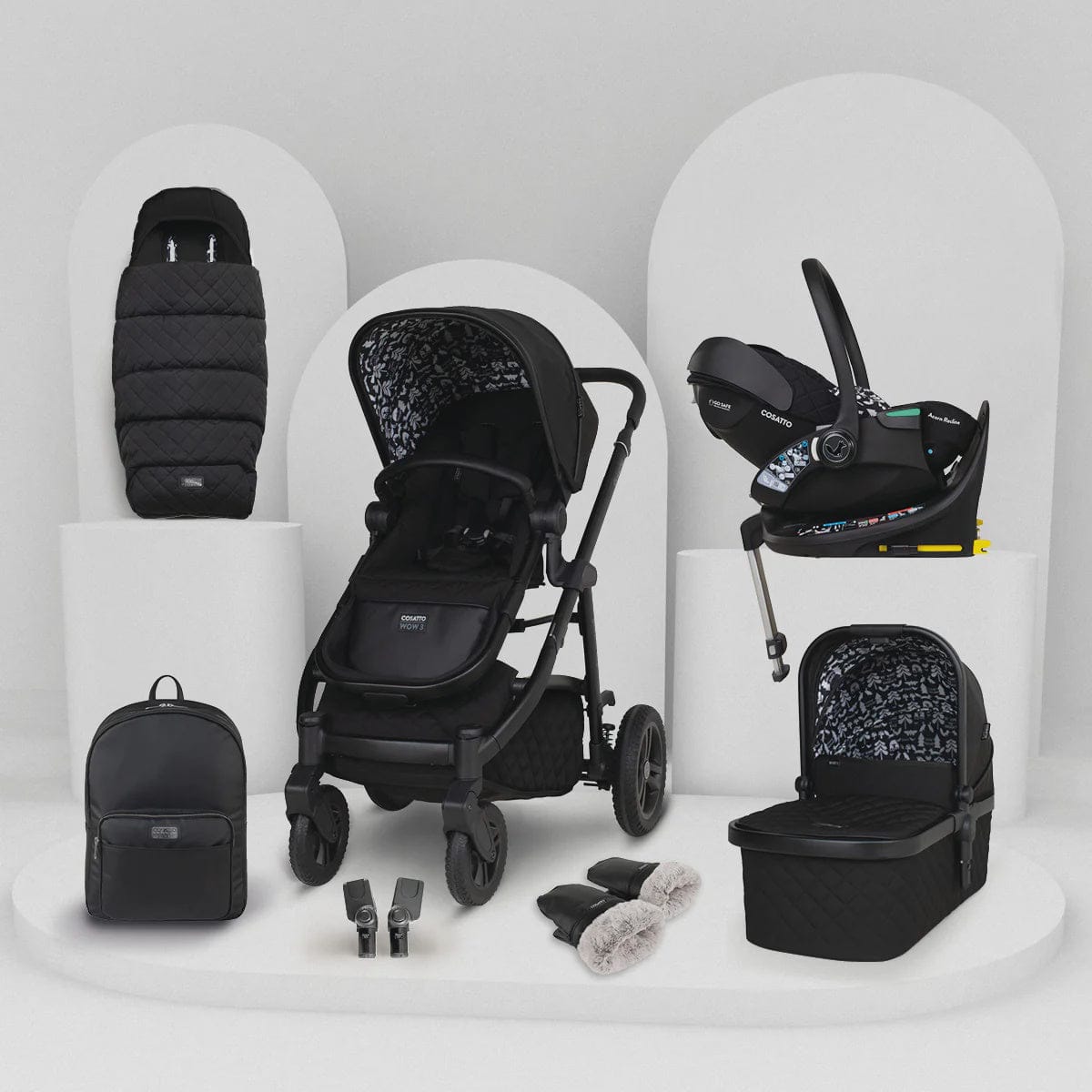 Cosatto Wow 3 Rotate & Recline Cozy Bundle Silhouette – Travel System with Carrycot, Acorn Recline i-Size Car Seat & Rotating Base Cosatto