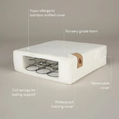 Cuddle Co Remi Cot Bed - Oak & Green Cuddle Co Harmony Hypo-Allergenic Bamboo Sprung Cot Bed Mattress 140 x 70cm