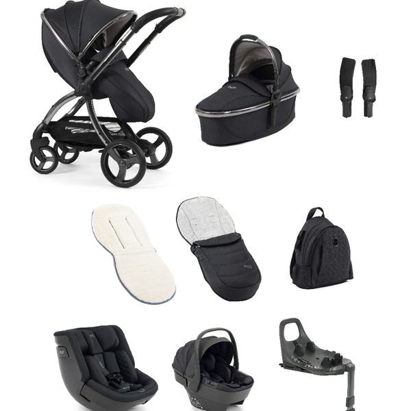 Black stroller with sleek metallic frame and matching bassinet footmuff car seat base and accessories egg3 carbonite bundle