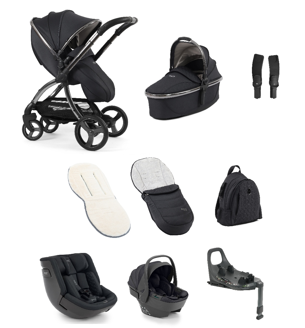 Black stroller with sleek metallic frame and matching bassinet footmuff car seat base and accessories egg3 carbonite bundle