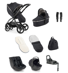 Black stroller with sleek metallic frame and matching bassinet footmuff car seat base and accessories egg3 carbonite bundle