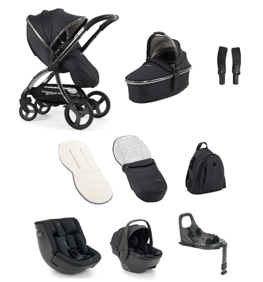 Black stroller with sleek metallic frame and matching bassinet footmuff car seat base and accessories egg3 carbonite bundle