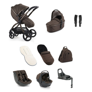 Brown egg3 chocolate velvet stroller with black frame, matching carrycot, footmuff, backpack, car seat, and isofix base