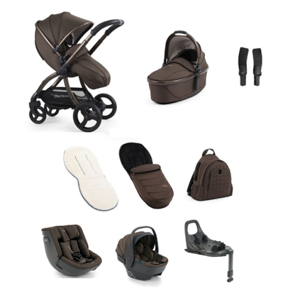 Brown egg3 chocolate velvet stroller with black frame, matching carrycot, footmuff, backpack, car seat, and isofix base