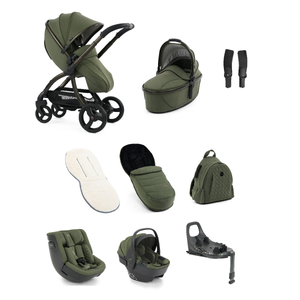 Olive green egg3 sage all stages 360 stroller with black frame and wheels shown from the back side