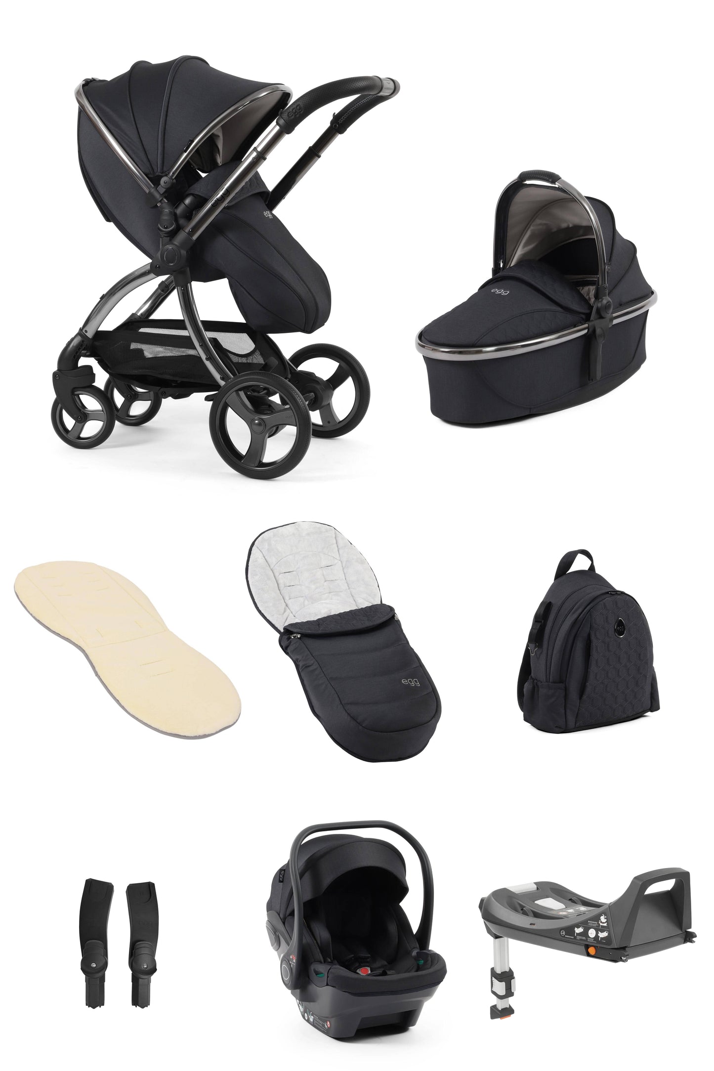 Egg3® Egg 3 Carbonite Luxury Stroller Bundle - 8 Piece Bundle  Egg Grey Fur Liner  