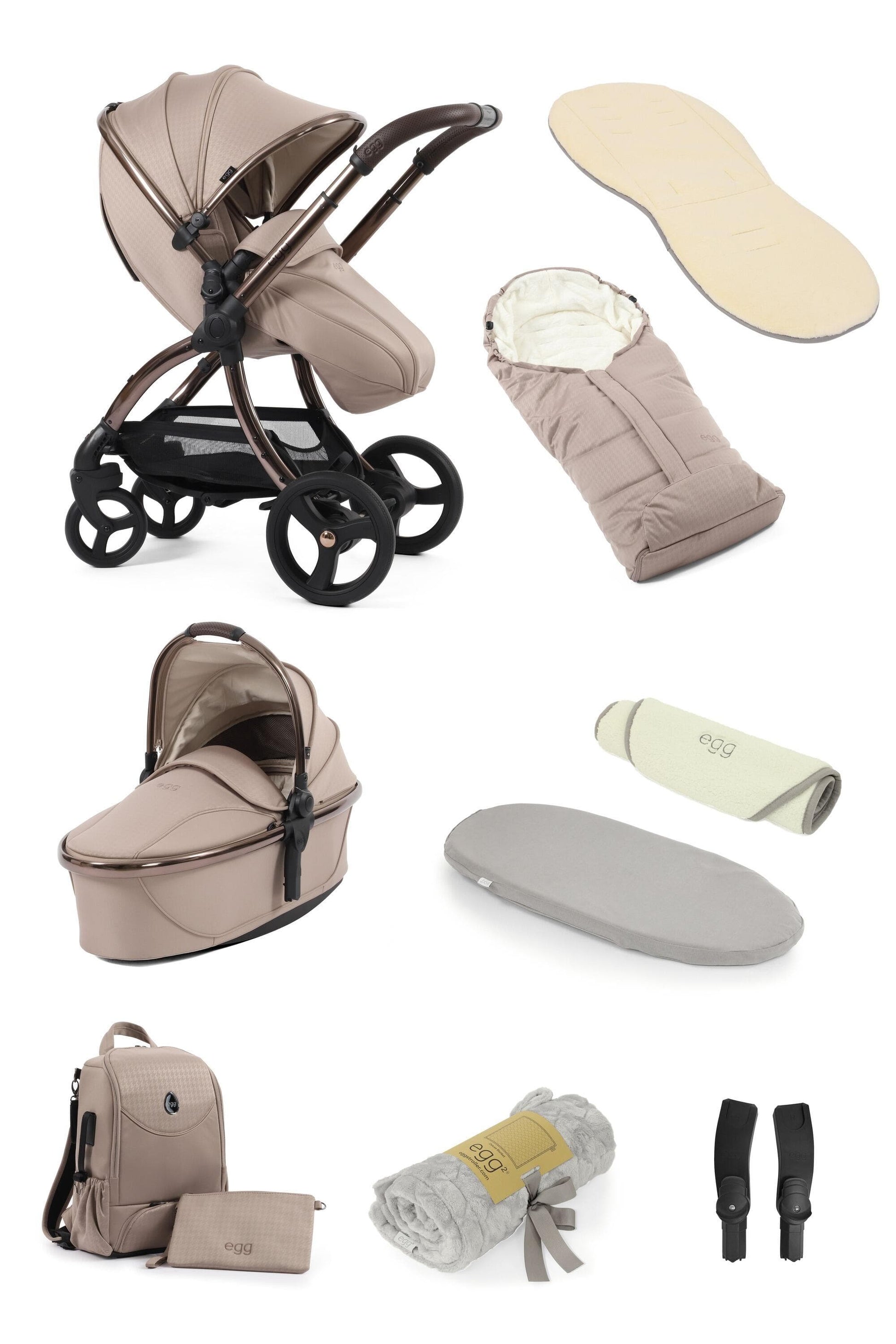 Egg3® Egg 3 Houndstooth Almond Special Edition Luxury Snuggle Stroller Bundle  Egg Grey Fur Liner  