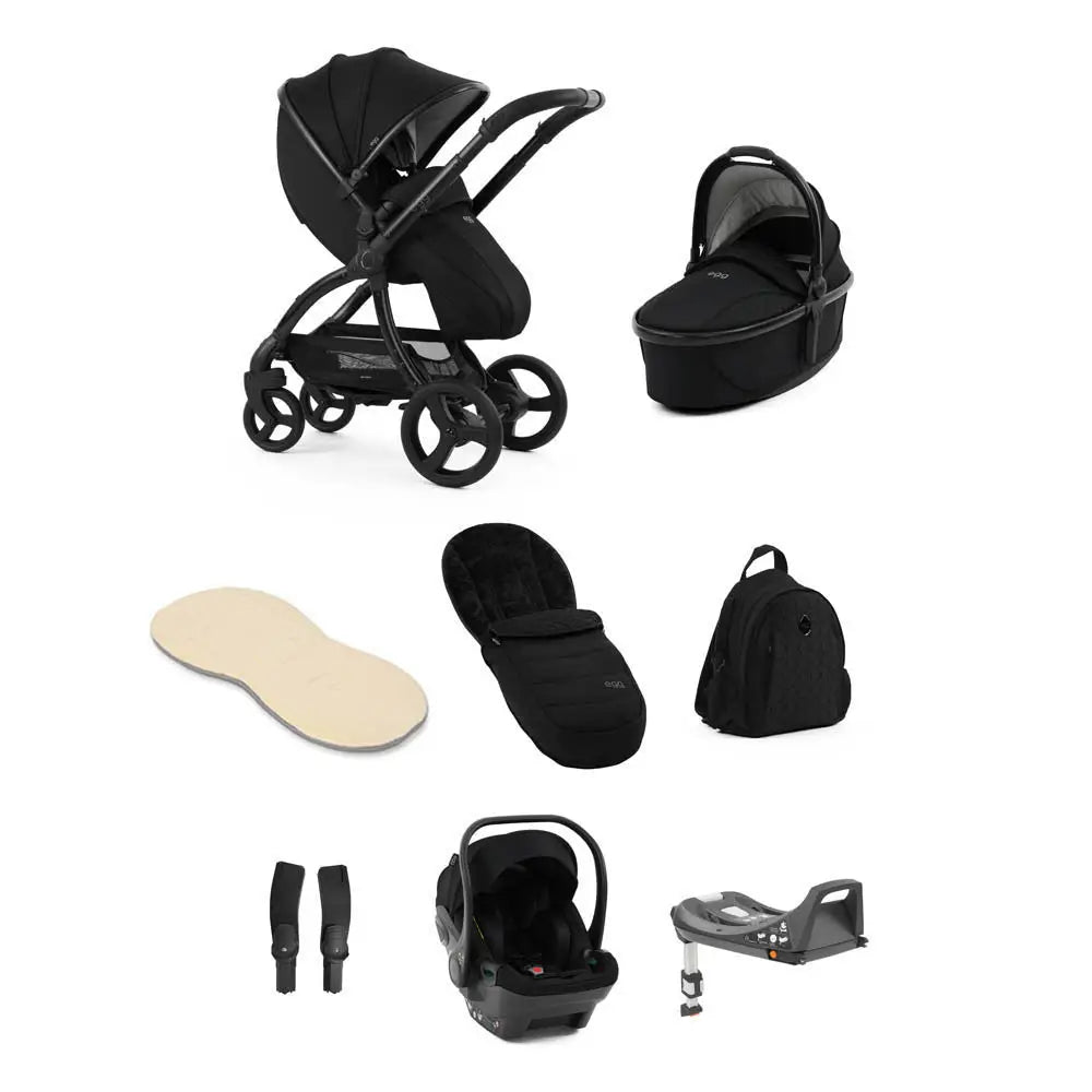 Egg3® Panther Black Luxury 3 in 1 Travel System Bundle - 8 Piece Bundle - Cream Fur Liner