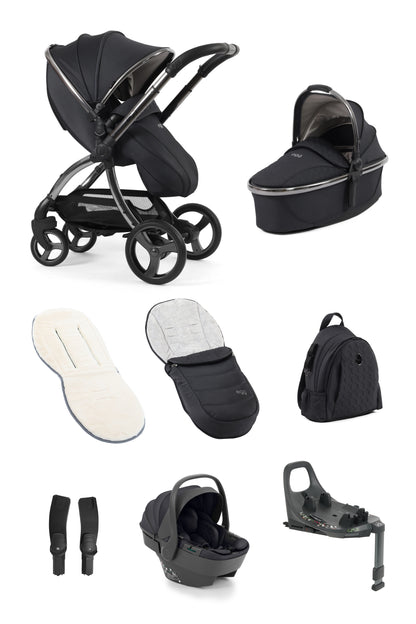 Black egg3 carbonite luxury stroller with silver accents and matching carrycot featuring shell 360 i-size car seat