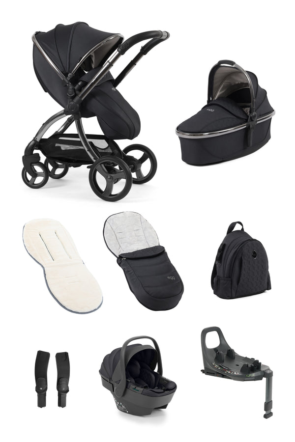 Black egg3 carbonite luxury stroller with silver accents and matching carrycot featuring shell 360 i-size car seat