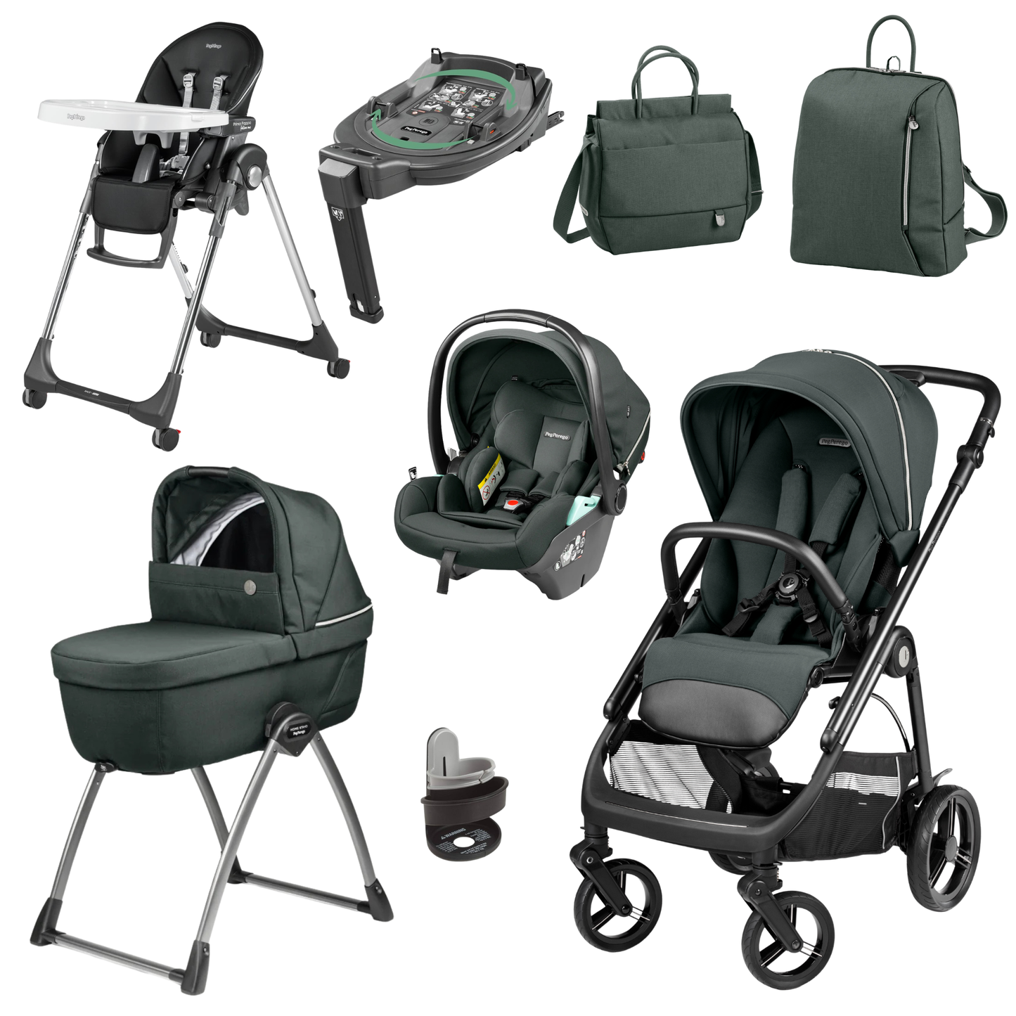 Peg perego veloce elite metal infant travel system in dark green and black with stroller car seat high chair bassinet and accessories