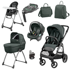 Peg perego veloce elite metal infant travel system in dark green and black with stroller car seat high chair bassinet and accessories