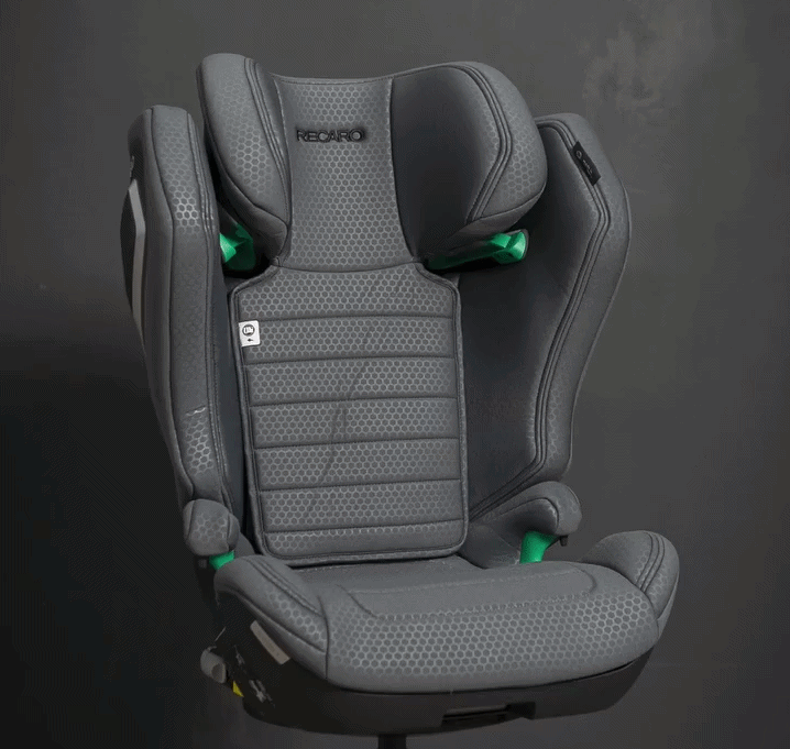 Gray recaro axion 1 i-size child car seat with honeycomb texture and green accents for ages 100 to 150 cm