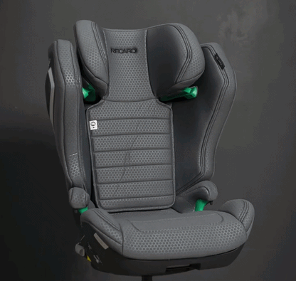 Gray recaro axion 1 i-size child car seat with honeycomb texture and green accents for ages 100 to 150 cm