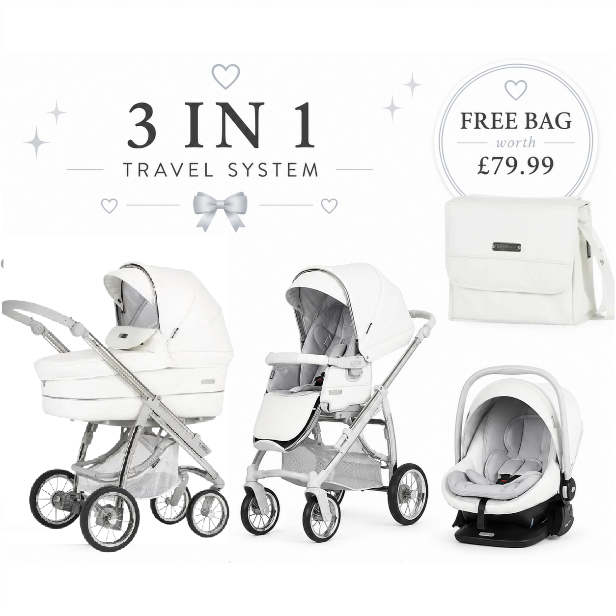 Bebecar Ip-Op White Delight Travel System - New 2026 Lie Flat Car Seat