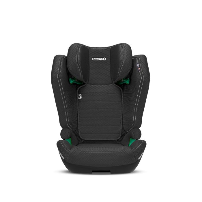 Recaro AXION 1 in Fresh Black, front view with padded side wings and green belt guides.