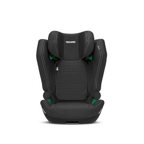 Recaro AXION 1 in Fresh Black, front view with padded side wings and green belt guides.