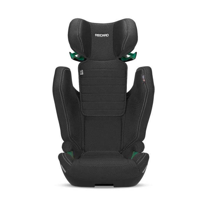 Recaro AXION 1 in Fresh Black, front view with the headrest raised above the side wings.