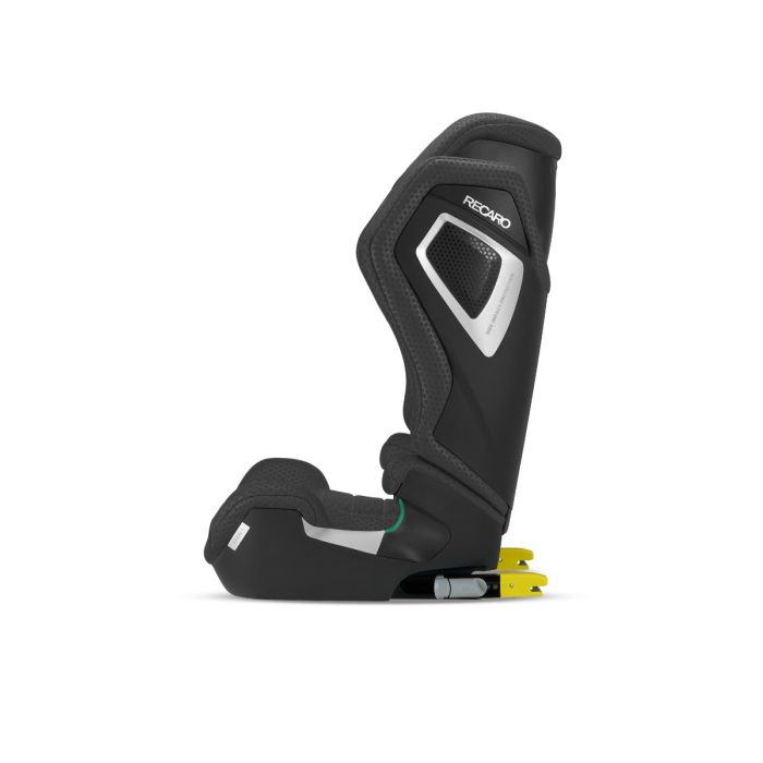 Recaro AXION 1 in Fresh Black, side view with yellow ISOFIX connectors extended behind the base.