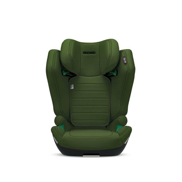 Recaro AXION 1 in Epic Green, front view with padded side wings and green belt guides.